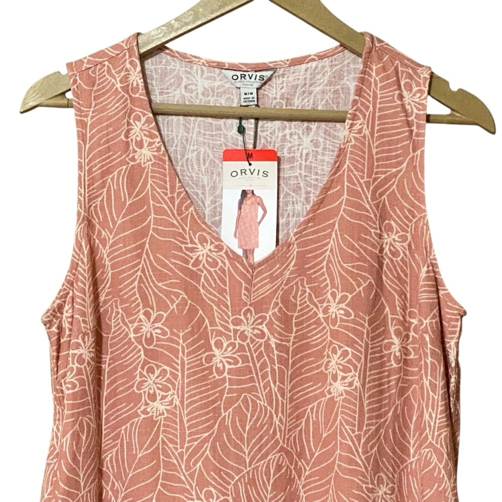 Orvis Tropical Print Tank Dress M Muted Red Linen Blend Sleeveless V-Neck Resort - Picture 3 of 8